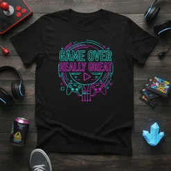 Black t-shirt with "Game Over Really Great" text in neon pink and blue, featuring game controllers and a play button