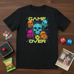 Black t-shirt with "GAME OVER" text and multiple colorful skull graphics in a retro pixel art style
