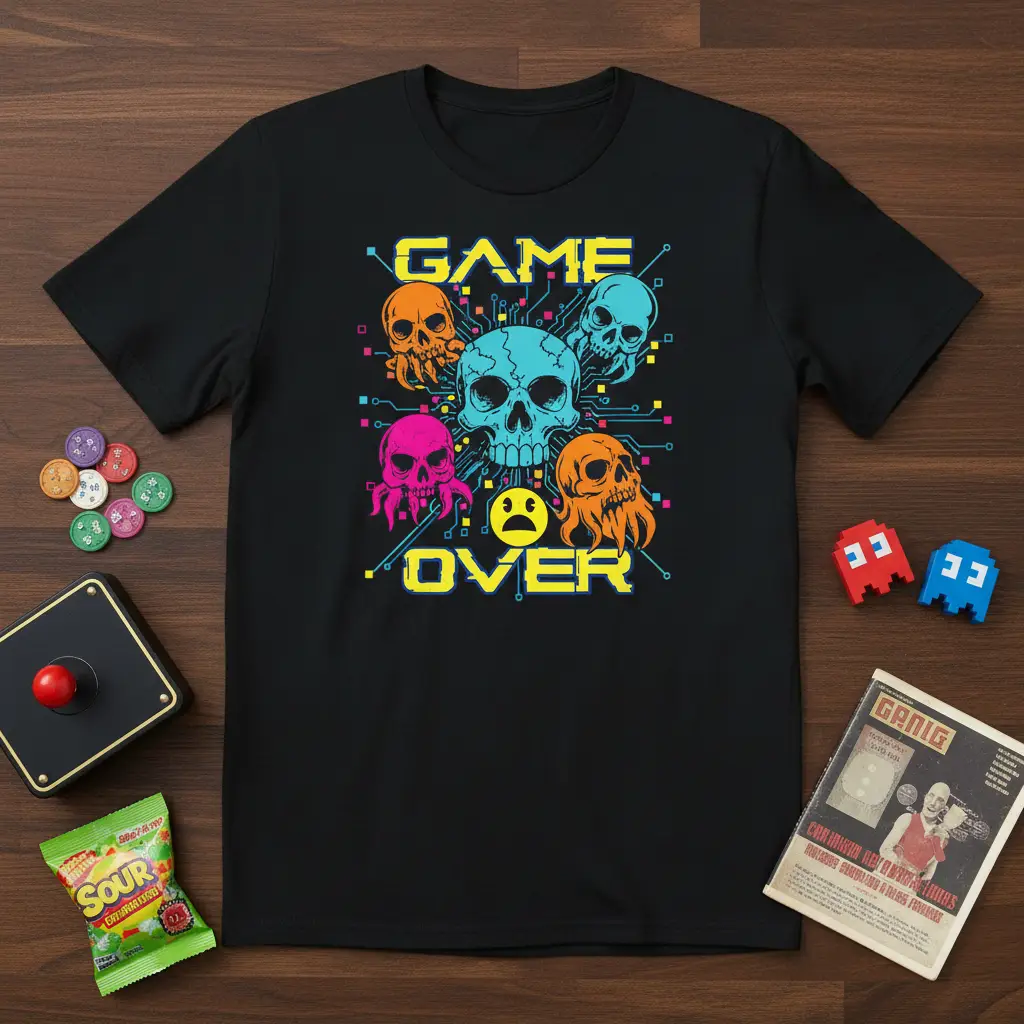 Game Over Skull T-Shirt Retro Gaming Gift for Gamers