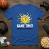 Blue t-shirt with yellow stopwatch graphic and text "GAME TIME! NOTHING ELSE MATTERS!!!" for gamers