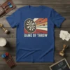 Game of Throw text with a vintage dartboard and darts graphic on a royal blue t-shirt