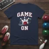Game On Bowling T-Shirt with graphic of bowling ball hitting pins, bold white text and red accents