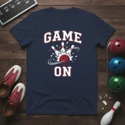 Game On Bowling T-Shirt with graphic of bowling ball hitting pins, bold white text and red accents