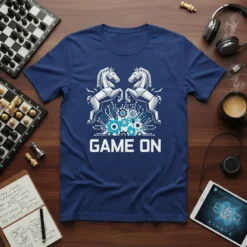 GAME ON text with stylized chess knight graphics and gears on a navy blue t-shirt