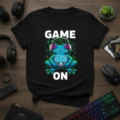 Black t-shirt with "GAME ON" text and a blue frog wearing headphones holding a game controller