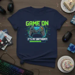 Navy t-shirt with "GAME ON IT'S MY BIRTHDAY!" text and a video game controller graphic, representing a gamer's birthday celebration