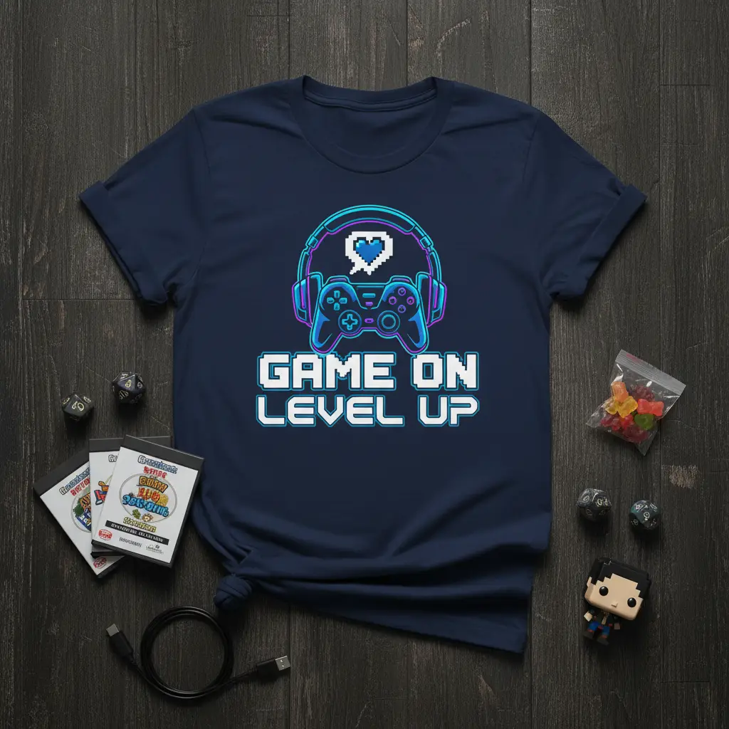 Game On Level Up gamer text with headphones and controller graphic for video game enthusiasts