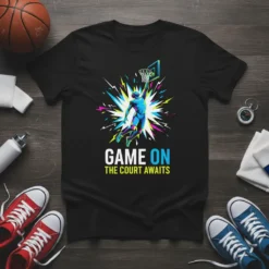 Basketball player dunking with "Game On The Court Awaits" text on a black t-shirt, vibrant abstract background