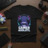 Gamer Axolotl T-Shirt featuring a cute purple axolotl wearing headphones and holding a game controller, with text "GAMER AXOLOTL" below