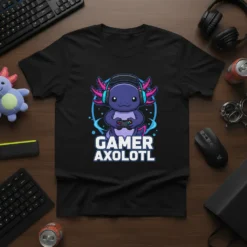 Gamer Axolotl T-Shirt featuring a cute purple axolotl wearing headphones and holding a game controller, with text "GAMER AXOLOTL" below