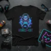 Gamer Cat t-shirt design featuring a cat in an astronaut suit holding a video game controller, with neon text "GAMER