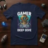 Gamer Deep Dive t-shirt with a vintage diving helmet holding a video game controller underwater