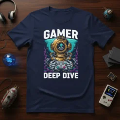 Gamer Deep Dive t-shirt with a vintage diving helmet holding a video game controller underwater
