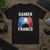 Black t-shirt with "GAMER FRANCE" text and a stylized video game controller in French flag colors