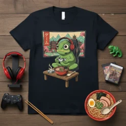 Gamer Frog Ramen unique graphic design printed on comfortable cotton t-shirt