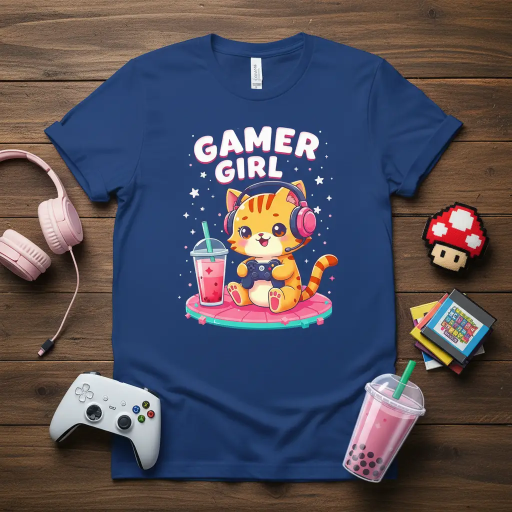 Gamer Girl Cat T-Shirt Cute Gaming Gift for Her