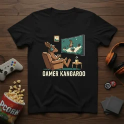 Gamer Kangaroo t-shirt design showing a kangaroo playing a video game on a large screen
