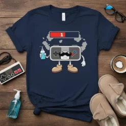 Gamer Level 1 Hand Sanitizer T-Shirt design featuring a retro game controller character wearing a mask and mustache, holding hand