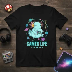 Gamer Life Axolotl T-Shirt bold graphic design printed on comfortable cotton t-shirt