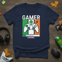 Gamer Loading T-Shirt with Irish flag colors, video game controller, and loading bar graphic