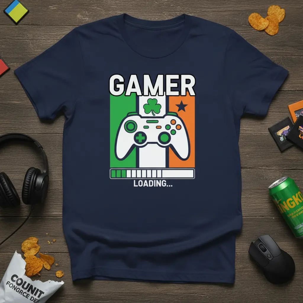 Gamer Loading T-Shirt design with Irish flag colors, controller, and loading bar, perfect for Irish gamers