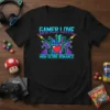 Gamer Love High Score Romance pixel art t-shirt with guns and heart