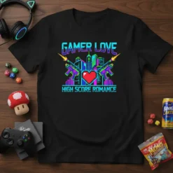 Gamer Love High Score Romance pixel art t-shirt with guns and heart
