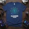 Gamer Mind T-Shirt with brain and gaming peripherals graphic, navy blue tee