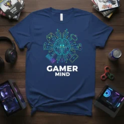 Gamer Mind T-Shirt with brain and gaming peripherals graphic, navy blue tee