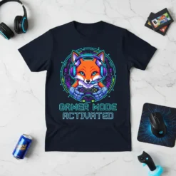 Gamer Mode Activated T-Shirt with a fox wearing headphones and holding a game controller