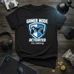 Black t-shirt with "GAMER MODE ACTIVATED no taking" text and a shield graphic featuring a video game controller