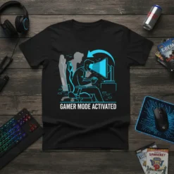 Black t-shirt with "Gamer Mode Activated" text and graphic of a person intensely playing a video game on a computer