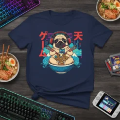 Gamer pug wearing headphones and holding chopsticks, eating ramen, with Japanese text "ゲーム" and cityscape background on a navy t-shirt