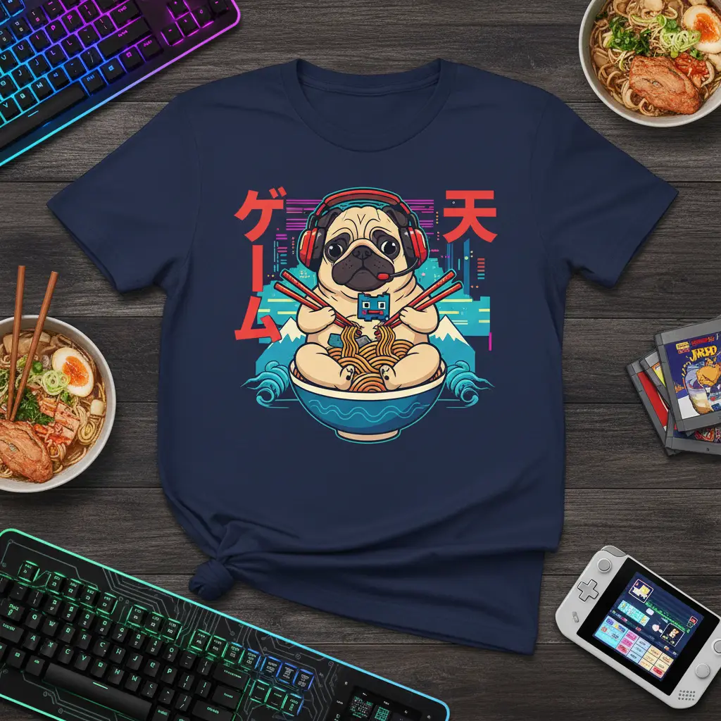 ゲーム Gamer Pug Ramen T-Shirt Funny Gaming Gift