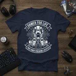 Gamer For Life True Gamer Videogame Lifestyle T-Shirt featuring a futuristic gamer helmet and controller graphic