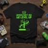 Gamers Don't Age We Level Up text with swords and a loading bar graphic on a black t-shirt