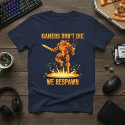 Gamers Don't Die We Respawn text with a knight warrior graphic on a navy blue t-shirt