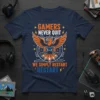 Gamers Never Quit We Simply Restart Restart text with an eagle holding a controller graphic on a navy blue t-shirt
