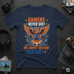 Gamers Never Quit We Simply Restart Restart text with an eagle holding a controller graphic on a navy blue t-shirt