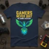 Gamers Never Quit We Simply Restart t-shirt with a pixelated phoenix graphic and circuit board wings