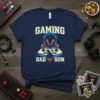 Gaming Dad Son t-shirt design featuring vintage joysticks, headphones, and pixel heart