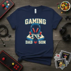 Gaming Dad Son t-shirt design featuring vintage joysticks, headphones, and pixel heart