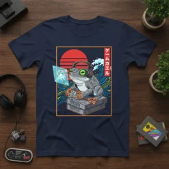 ゲームカエル T-Shirt featuring a frog wearing headphones and playing a video game, with retro Japanese wave and sun graphics