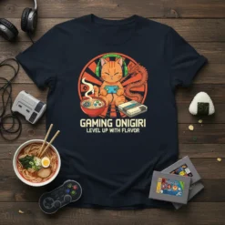 Gaming Onigiri Level Up With Flavor t-shirt featuring a cat gamer and ramen bowl design
