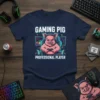 Gaming Pig Professional Player text with an illustration of a pig wearing a headset and playing video games on a
