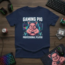 Gaming Pig Professional Player text with an illustration of a pig wearing a headset and playing video games on a