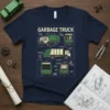 Garbage Truck Blueprint Design Tee featuring detailed schematic of a garbage truck with labels like Hopper and Lift Gate