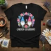 Garden Guardians t-shirt design with two cute gnomes in a floral wreath, featuring white text