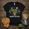 Garden Love Beat t-shirt design with a heart shape filled with sunflowers and plants, framed by a heartbeat line