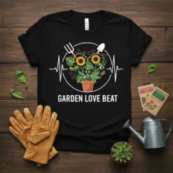 Garden Love Beat t-shirt design with a heart shape filled with sunflowers and plants, framed by a heartbeat line